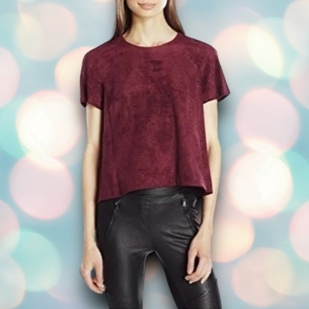 BCBGMAXAZRIA Women’s Faux Suede Burgundy Short Sleeve Top Blouse Shirt Size L